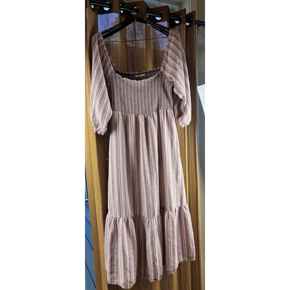 Marine Layer Dress Womens Sz L Multicolor Striped Ivy Smocked Linen Blend Maxi - Picture 2 of 9